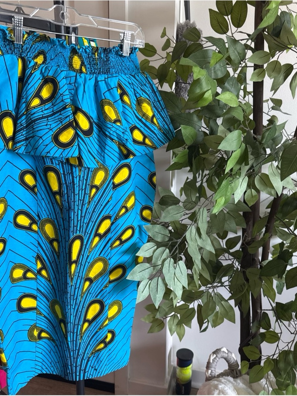 Bright Blue & Yellow MIDI Skirt with Ruffle Waist